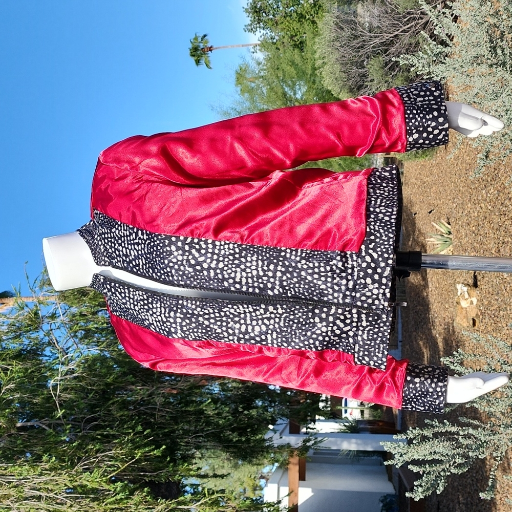 CHICOS Red Owl Lined Moto Jacket 0 Small Wearable Art Statement Zip Work Office - Picture 11 of 16